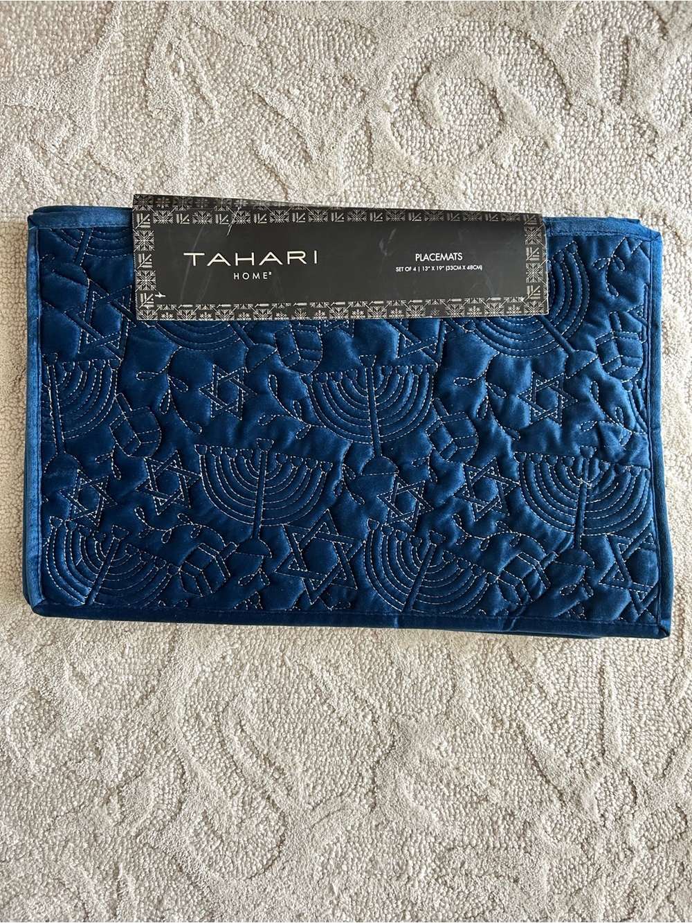 Hanukkah Placemats Blue Velvet Polyester Tahari Set of 4 Chanukkah Quilted